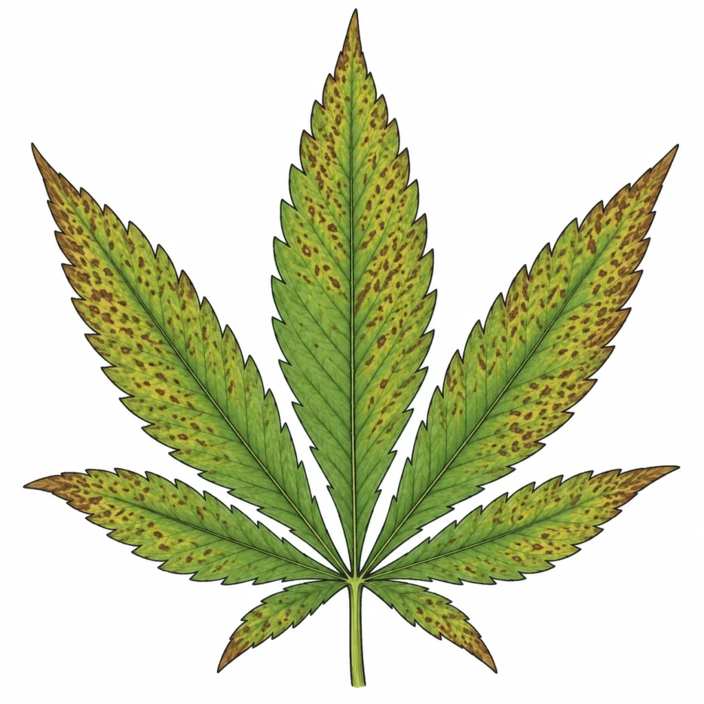 Cannabis leaf with dark bronze speckles showing typical iron toxicity cannabis symptoms