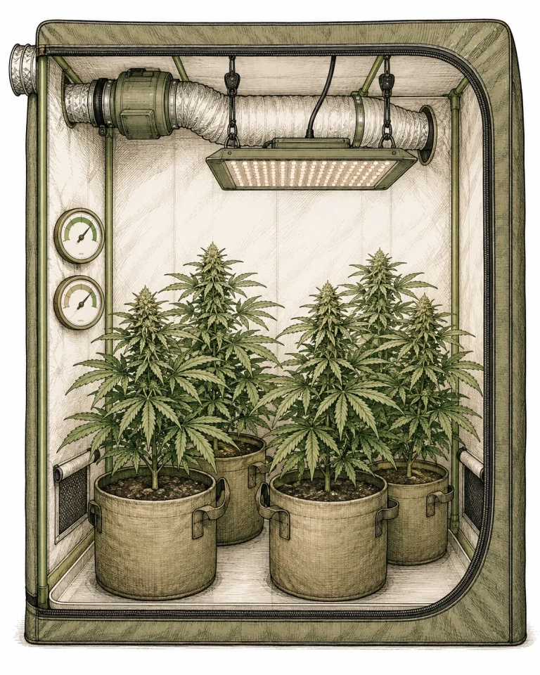 Clean cannabis grow tent with ideal climate readings to prevent foxtailing