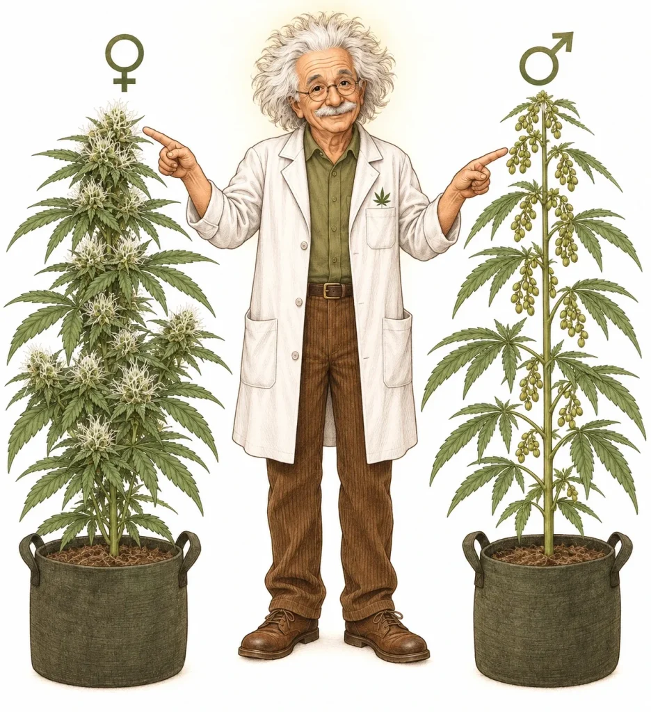 How to tell if cannabis is male or female: close-up of pre-flowers forming at the node of a cannabis plant