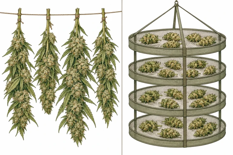 Comparison: cannabis branches hanging upside down from a line, next to single buds on a mesh drying rack