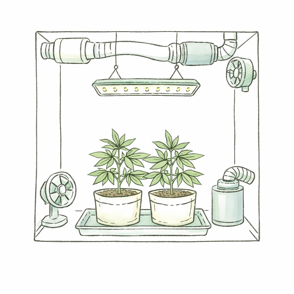 Cannabis Indoor Anbau Setup mit Growbox LED Licht und Belüftung