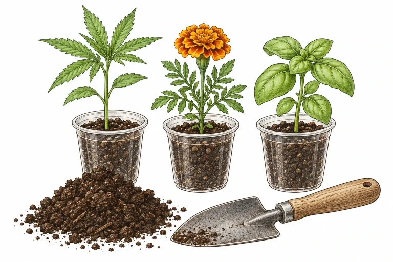 Cannabis seedling in a cup next to young marigold and basil starts, ready for transplanting
