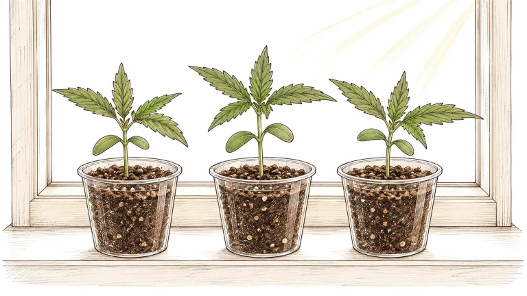 Three cannabis seedlings in clear plastic cups on a sunny windowsill