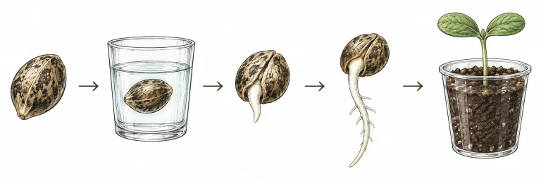 Stages of cannabis germination from the dry seed to the taproot to a seedling in a small plastic cup