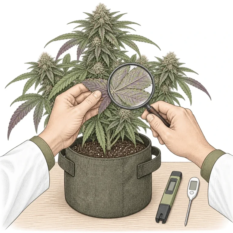 A grower checks the underside of a purple cannabis leaf with a magnifying glass, next to a pH meter and a thermometer
