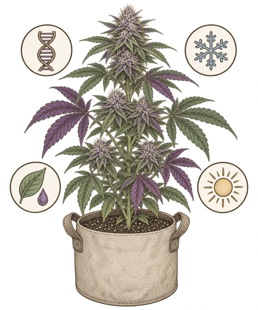 Side-by-side comparison of purple leaves on cannabis: healthy genetic purple color vs. stress discoloration with yellow edges