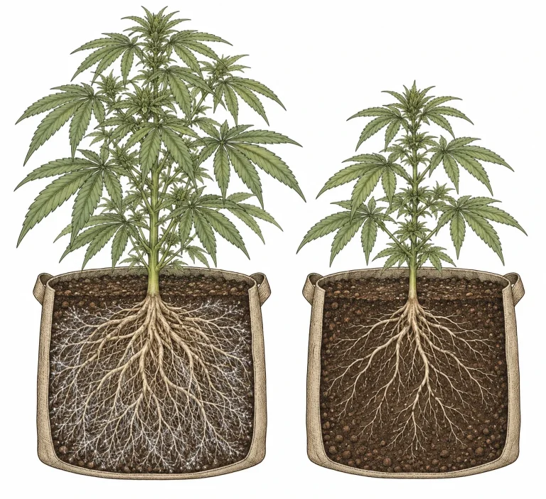 Zwei gleich alte Cannabispflanzen im Stofftopf, links mit Mykorrhiza buschiger und mit dichterem Wurzelballen, rechts kleiner