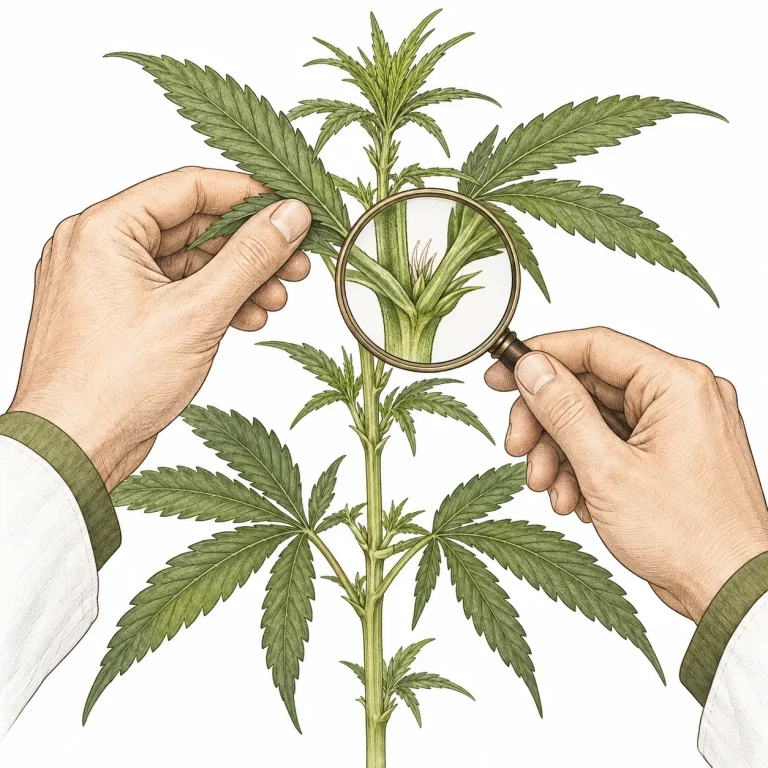 A grower’s hands using a magnifying loupe to check the nodes of a young cannabis plant for preflowers