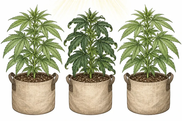 Three cannabis plants in fabric pots, the middle one with strikingly dark green leaves