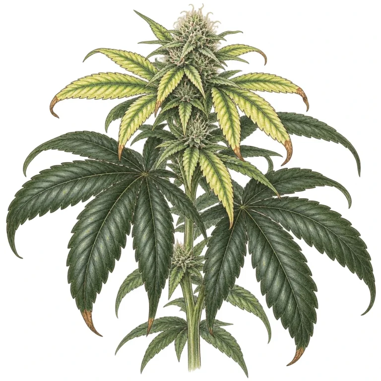 Cannabis leaves with dark green color, yellowing between the veins and brown leaf tips caused by too much phosphorus