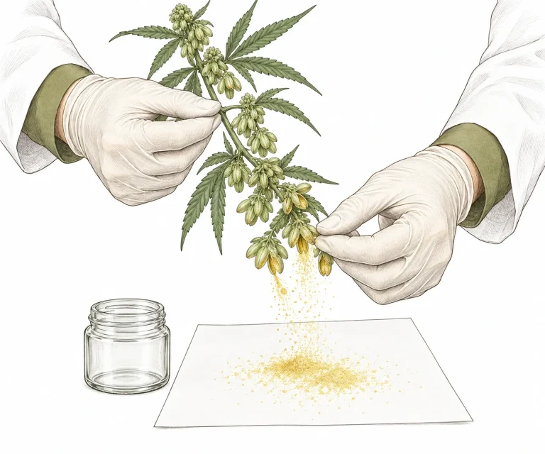 Male cannabis branch with open pollen sacs, yellow pollen falling onto a white sheet of paper
