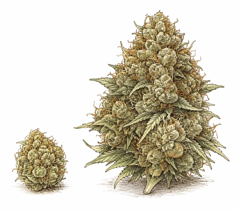 Cannabis popcorn buds compared: small bud next to a dense main cola