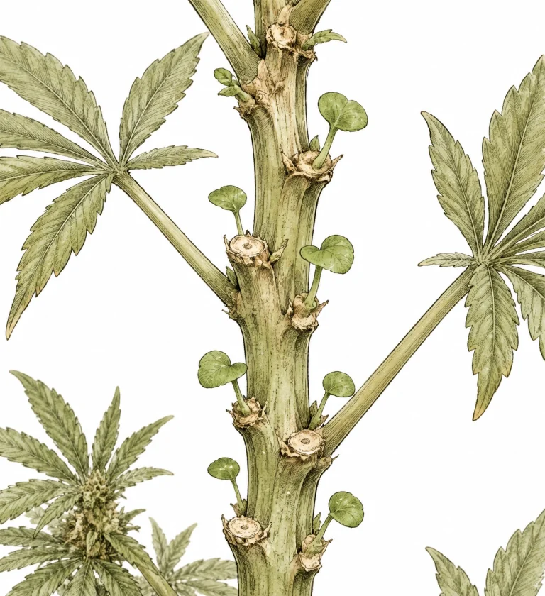 Cannabis Reveg: einzelne runde Blätter frühe Reveg-Phase