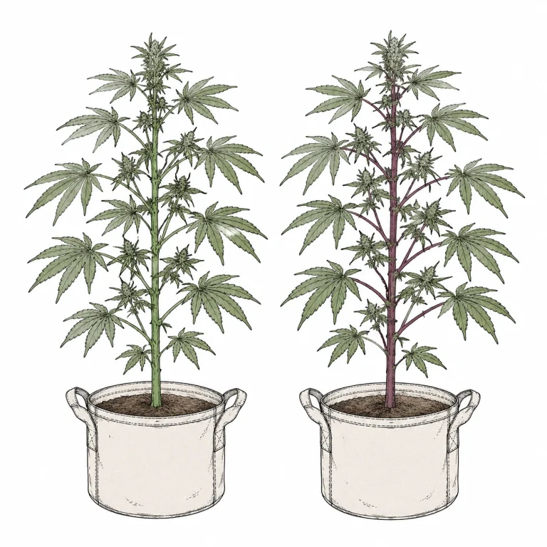 Cannabis rote Stiele genetisch bedingt im Vergleich zu grünen Stielen