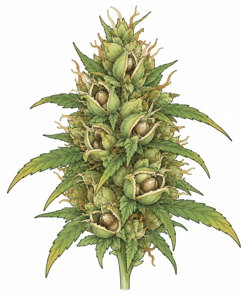 Close-up of seeds in buds of a cannabis plant, with seeds poking out of split-open calyxes