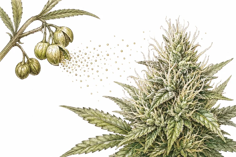 Cannabis seeds in buds: pollination process with pollen sac and pistils