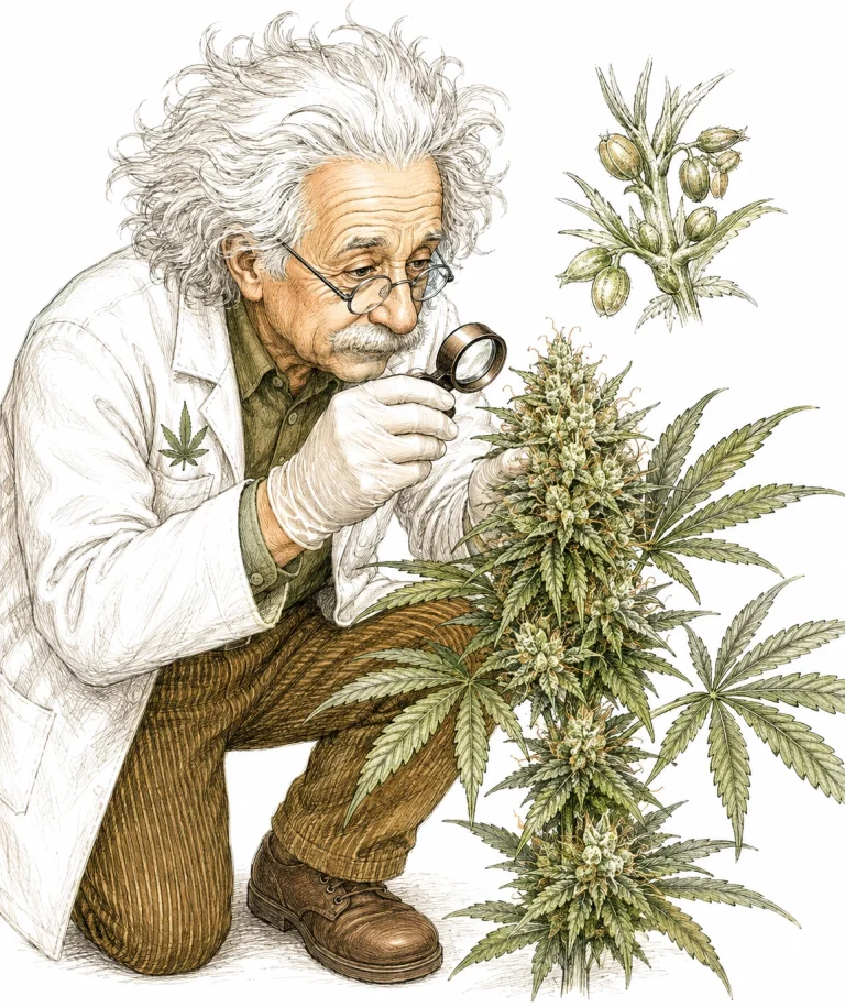 Seeds in cannabis buds: inspecting for pollen sacs with a magnifier and protective gloves