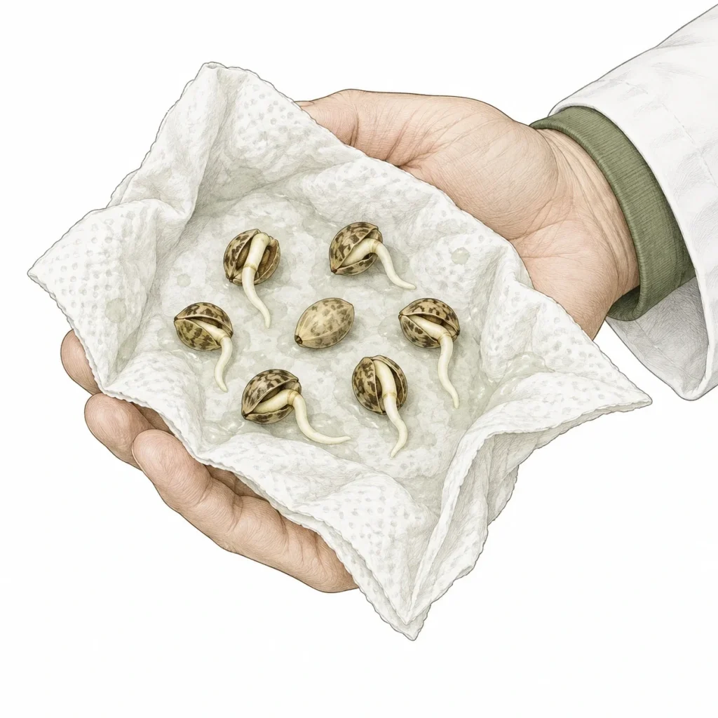 Cannabis seeds not germinating: a dry seed compared with a cracked seed and a young seedling