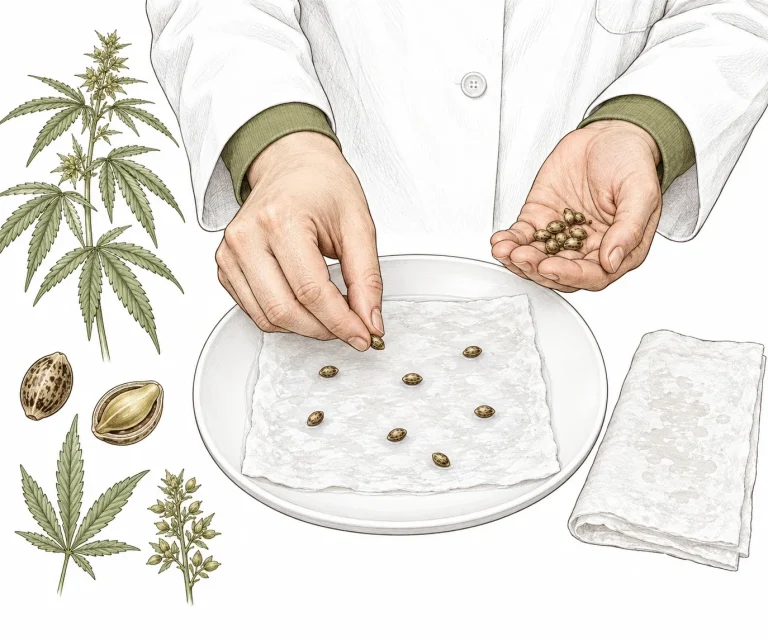 A grower spacing out cannabis seeds on a damp paper towel on a plate