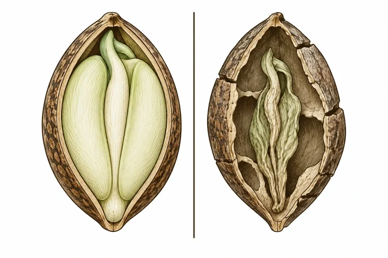 Querschnitt eines gesunden Cannabissamens mit prallem Embryo neben einem ausgetrockneten Samen mit geschrumpftem Keimling