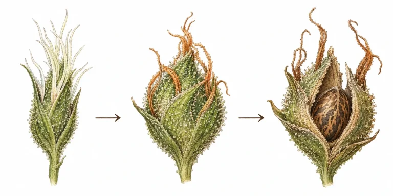Three stages of seed maturation: slim calyx, swelling calyx and a calyx splitting open to reveal a mature seed