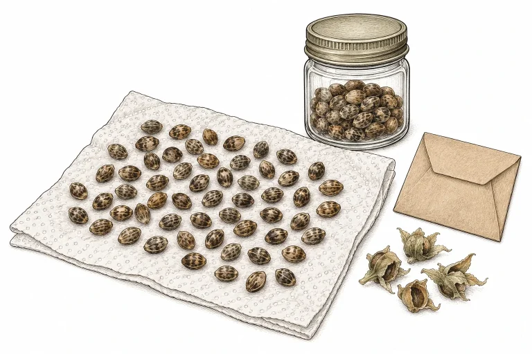 Mature cannabis seeds drying on a paper towel next to a small storage jar