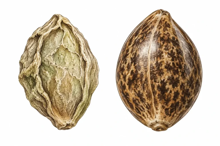 Comparison of a dried-out, pale cannabis seed with a plump, healthy seed with a dark brown pattern