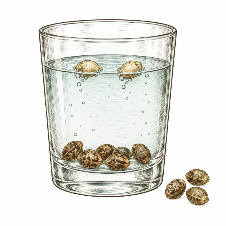 Wasserglas mit gesunkenen Cannabissamen am Boden und zwei schwimmenden Samen an der Oberfläche