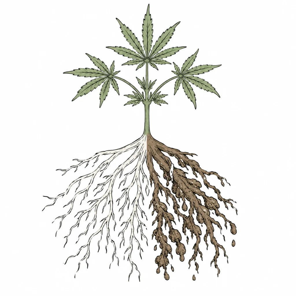 Drooping cannabis plant in soggy soil showing symptoms of cannabis roots lack of oxygen