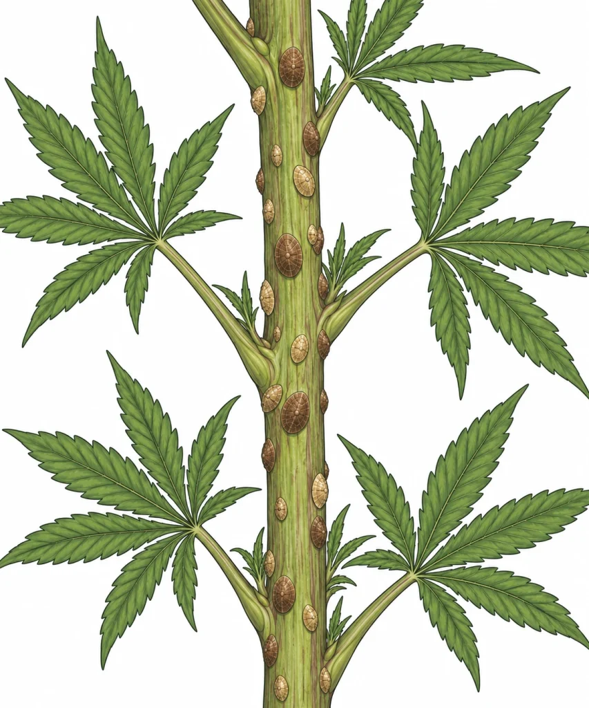 Scale insects cannabis infestation: brown scaly bumps and sticky honeydew on a cannabis stem