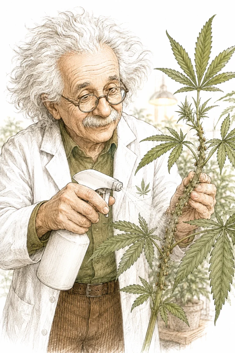 Treating scale insects on cannabis with a spray bottle on an infested spot