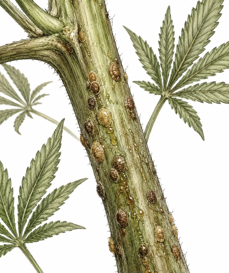 Close-up of scale insects on a cannabis stem