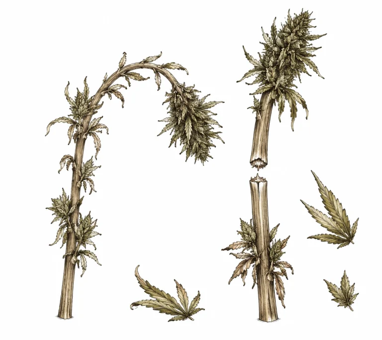 Cannabis stem bend test comparing dry and damp stems