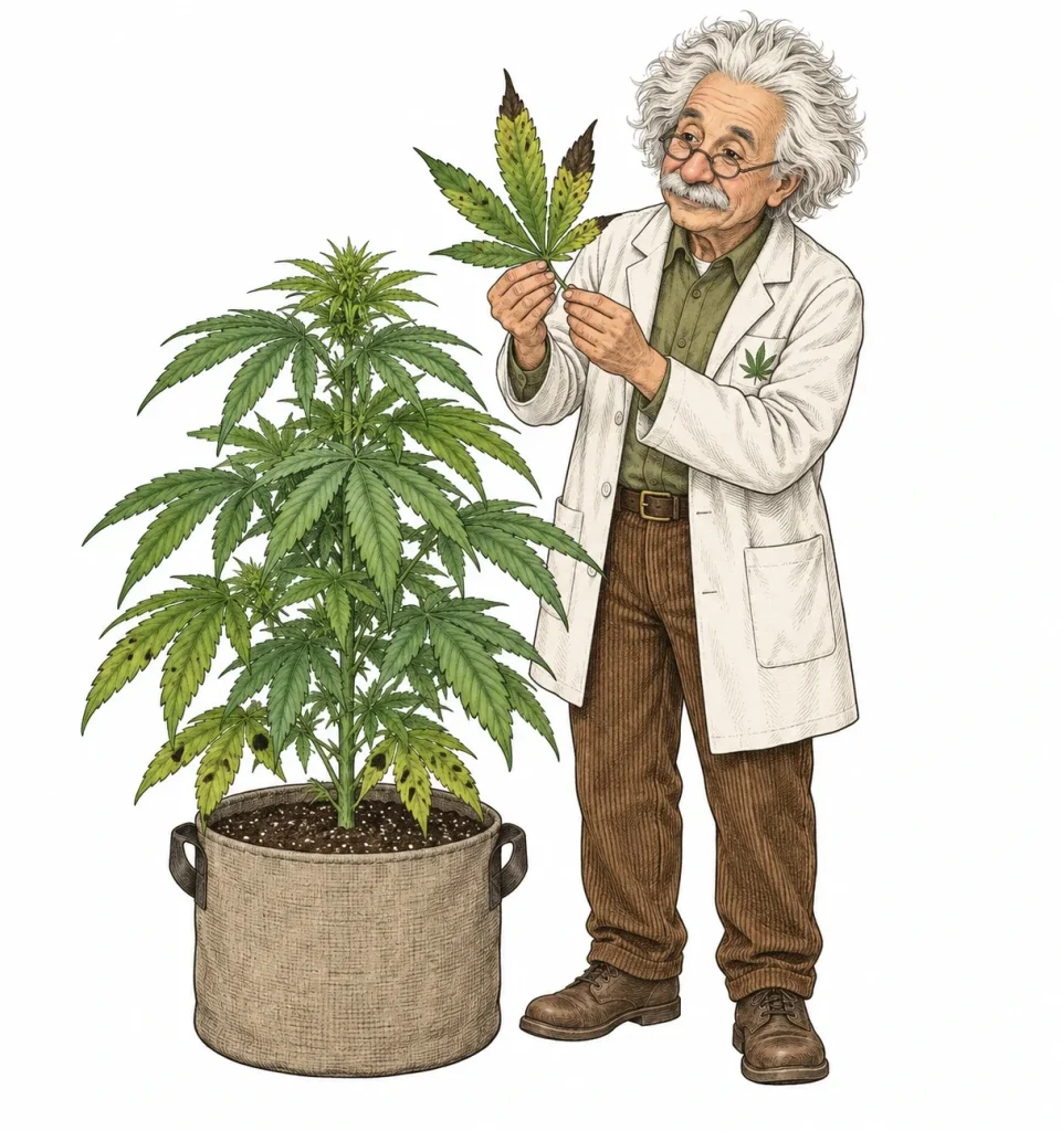 Cannabis schwarze Blätter: Der PlantMentor betrachtet ein Blatt mit schwarzen Flecken