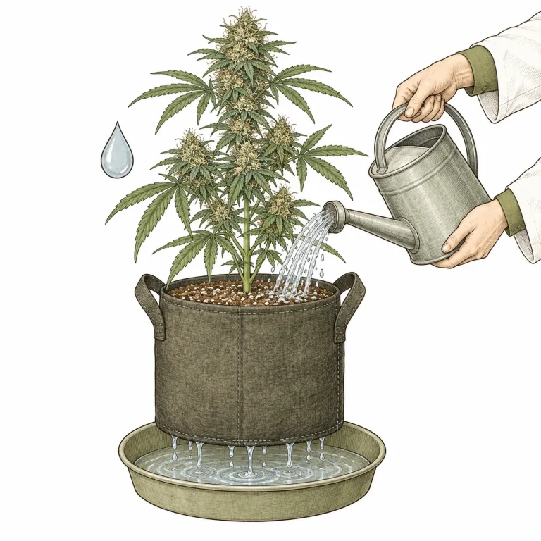 A grower flushes the growing medium of a cannabis plant in a fabric pot with clean water while runoff drains into a tray