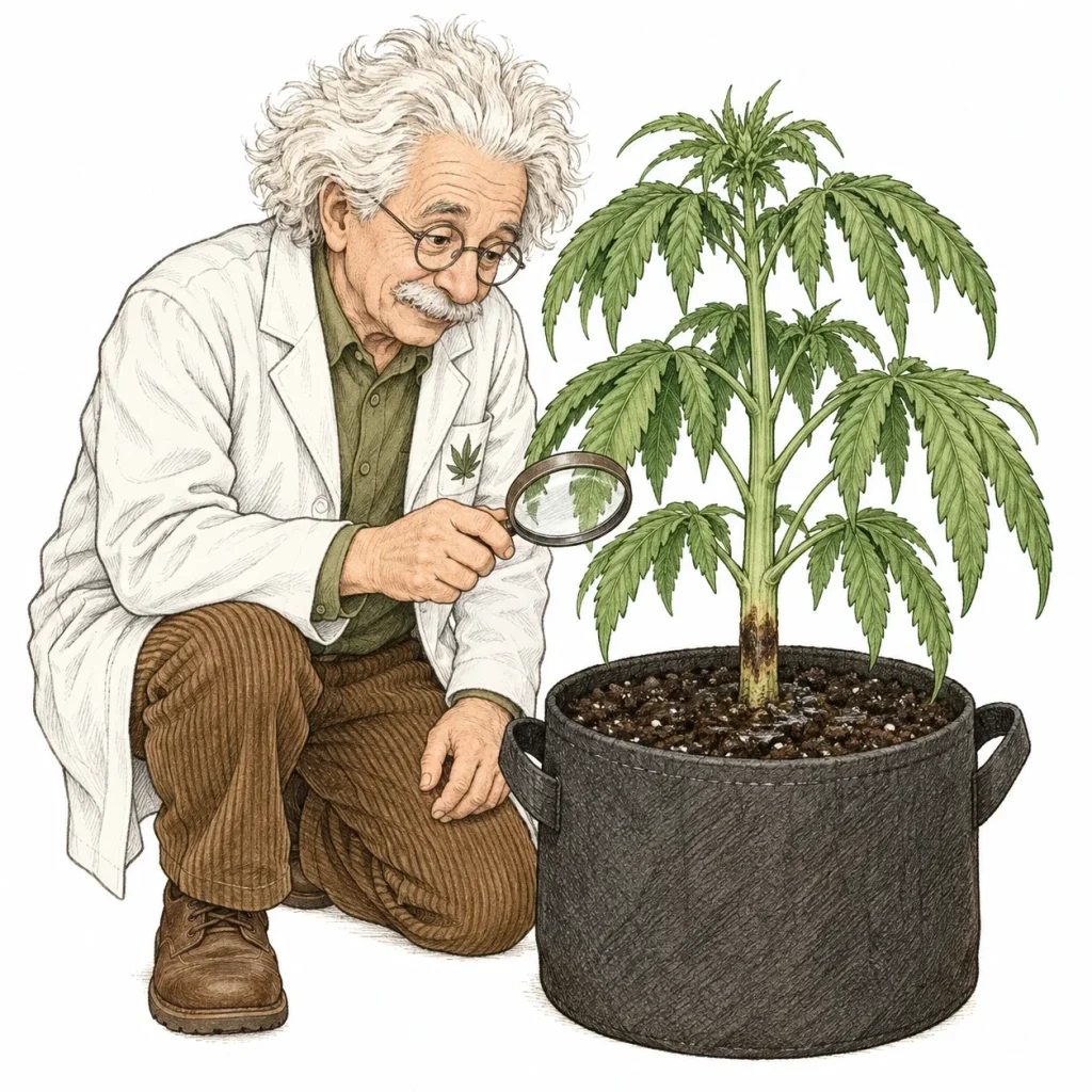 Cannabis Stammfäule: Der PlantMentor untersucht mit der Lupe den dunkel verfärbten Stängelansatz einer Cannabispflanze