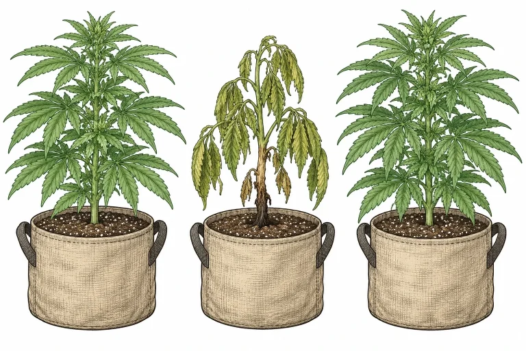Cannabispflanze mit welken Blättern und dunkel verfärbtem Stängelansatz zwischen zwei gesunden Pflanzen im Stofftopf