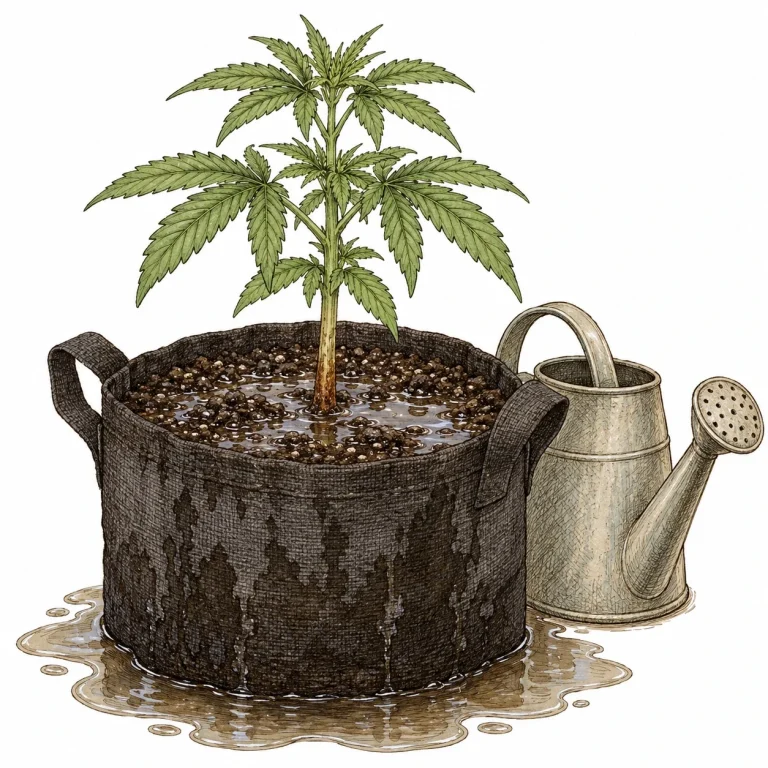 Cannabispflanze im durchnässten Stofftopf mit Staunässe und stehendem Wasser rund um den Stängel