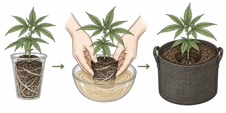 Drei Schritte: Cannabis-Steckling im Becher, Wurzeln in Mykorrhiza-Gel tauchen, in den Stofftopf setzen