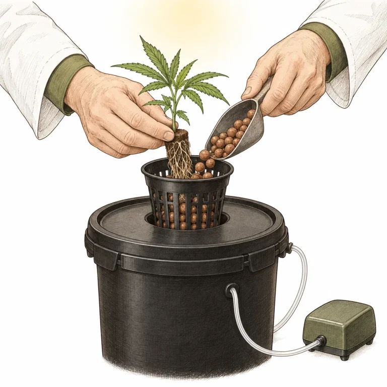 Hands placing a rooted cannabis clone into a net pot and filling in clay pebbles