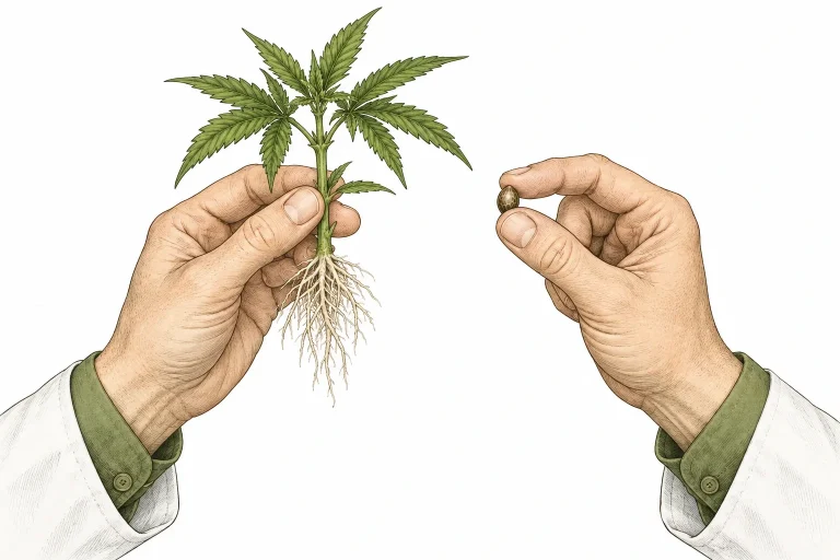 Cannabis Steckling und Samen gemeinsam in der Hand des PlantMentors