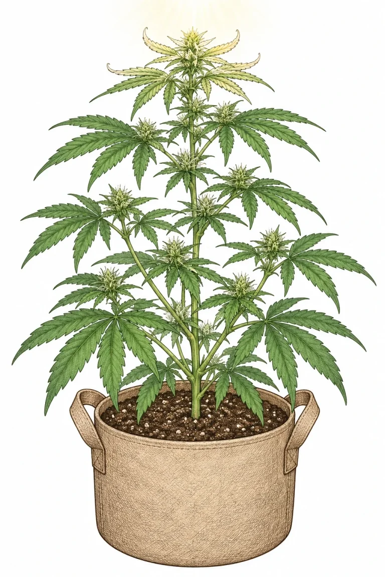 Gestreckte Cannabispflanze mit ausgebleichten, nach oben gerollten Blattspitzen durch zu geringen Abstand zum Licht