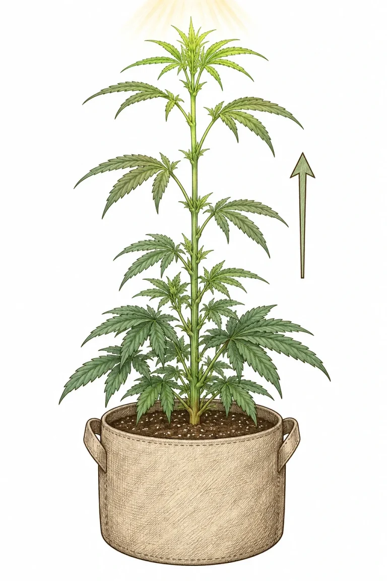 Cannabispflanze im Stretch mit kurzen Nodienabständen unten und deutlich längeren Abständen im oberen Bereich