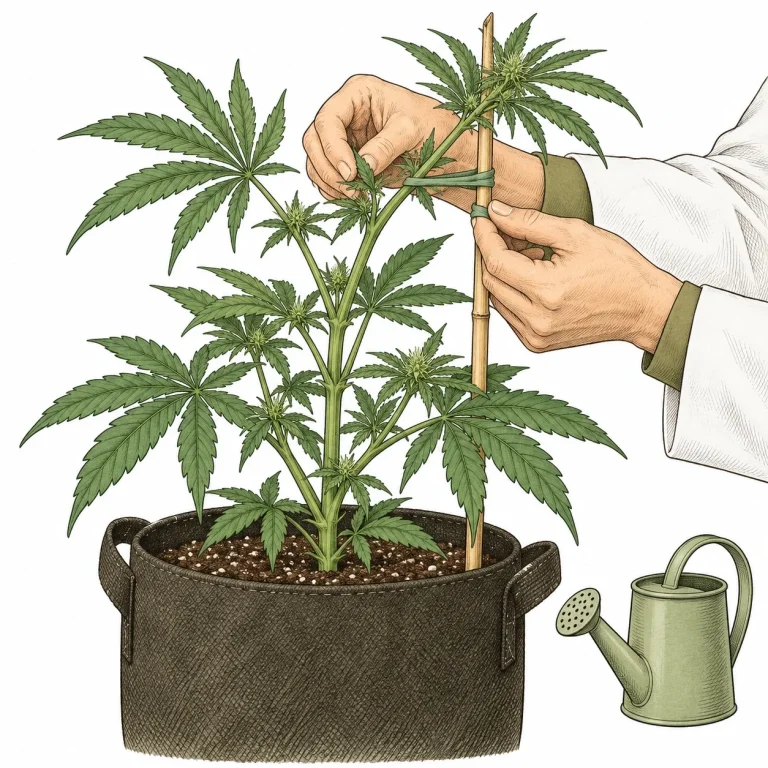 Der PlantMentor bindet einen gestreckten Trieb einer Cannabispflanze in der Vorblüte an einen Bambusstab