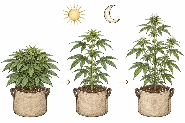 Dieselbe Cannabispflanze in drei Stadien, die sich nach der Umstellung des Lichtzyklus deutlich in die Höhe streckt