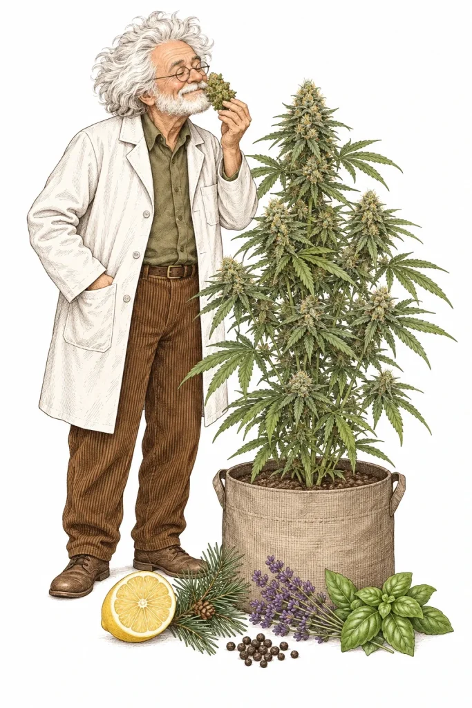 Cannabis Terpene: Der PlantMentor riecht an einer Blüte, daneben Zitrone, Kiefernzweig, Lavendel und Pfeffer