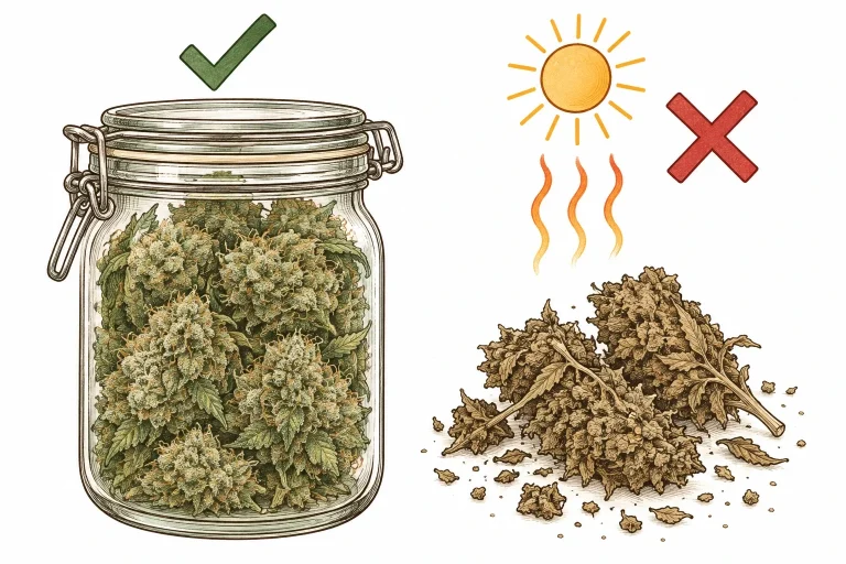 Comparison: aromatic, jar-cured cannabis buds next to overdried buds that have turned brownish from heat