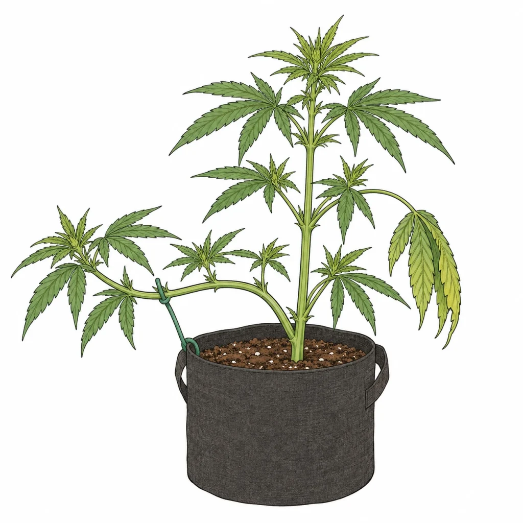 Indoor cannabis plant recovering from plant stress after topping, with LST ties and a SCROG net