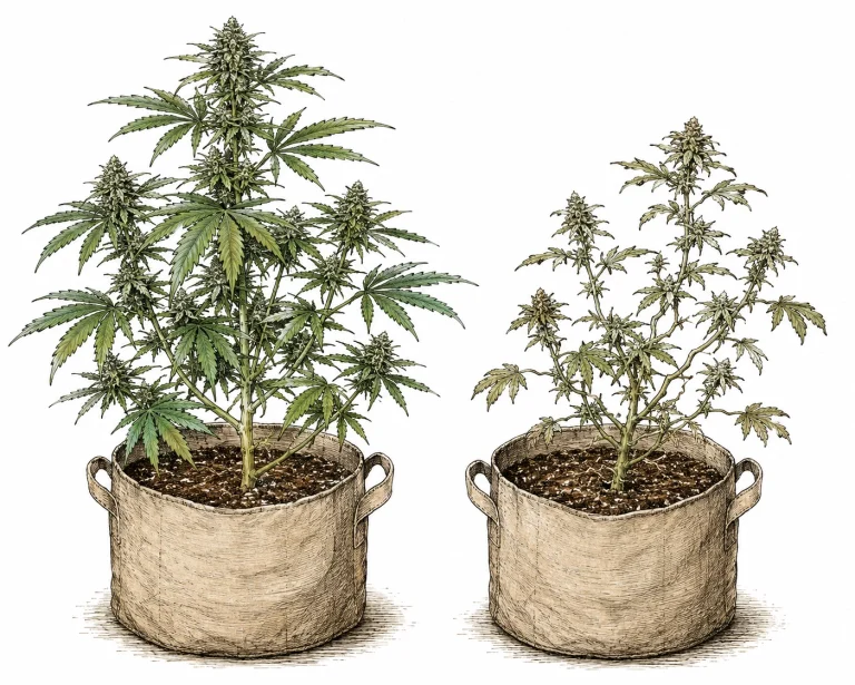 Cannabis training stress: overtrained plant compared to a healthy plant