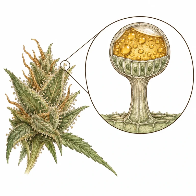 Cross-section of a cannabis trichome showing the gland cells and resin head where terpenes are produced